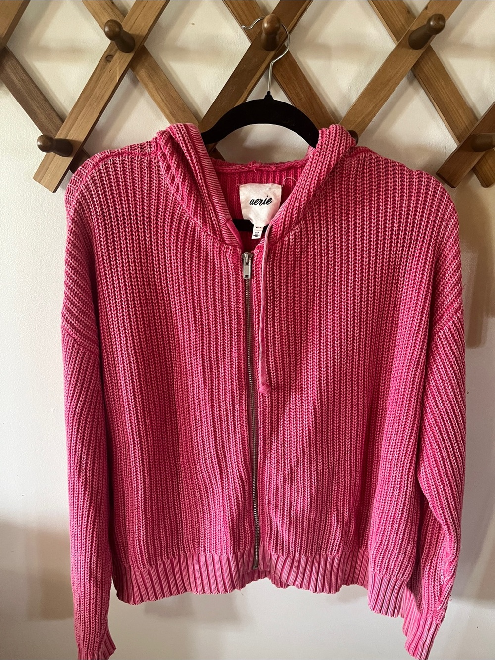 aerie Pink Zip-Up Hooded Knit Sweater